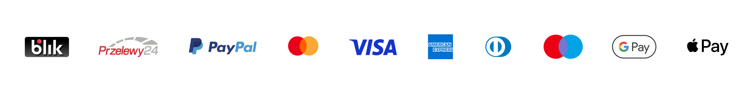 Payment logos_Blik, Przelewy24, Paypal, Mastercard, Visa, Amex, Diners, Maestro Google pay, Apple Pay - RATIO 8x1